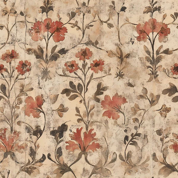 vintage floral, cream background, rust red flowers, dusty rose, coral pink, olive green, dark brown, muted tones, distressed texture, botanical, nature-inspired, cottage style, farmhouse, traditional, elegant, romantic, antique, aged appearance, weathered look, garden flowers, delicate blooms, spring flowers, timeless design, classic pattern, ornamental foliage, european style, heirloom quality, vintage botanical, retro, nostalgic