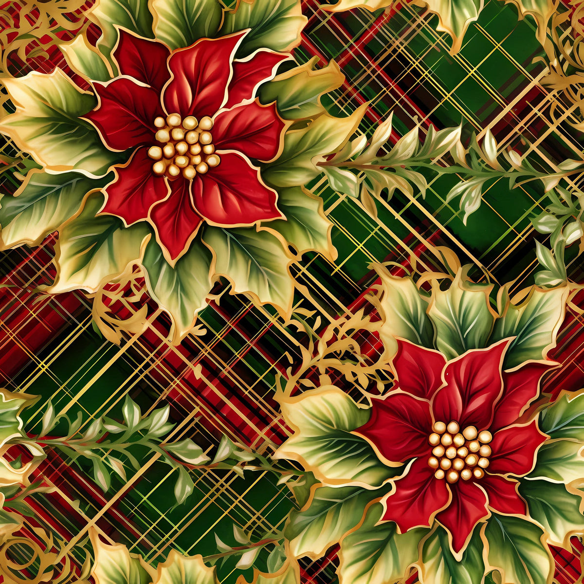 red poinsettias, green plaid, gold accents, christmas florals, holiday flowers, tartan pattern, festive botanical,, fabric panel, winter blooms, seasonal motifs, rich colors, decorative leaves, pearl centers, elegant floral, holiday crafting, burgundy tones, forest green, golden highlights, christmas fabric