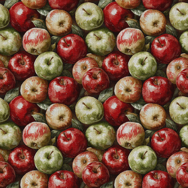 red apples, green apples, cream apples, autumn harvest, fall produce, orchard, farmhouse, rustic, nature, fruit, food theme, deep red, olive green, tan, bronze, harvest season, kitchen decor, traditional, vintage style, country style, realistic print, botanical, gardening theme, homegrown, fall colors, warm tones, repeated pattern