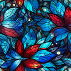 stained glass, christmas pattern,, fabric panel, blue tones, red accents, turquoise, navy blue, crimson red, geometric leaves, mosaic design, botanical motifs, winter foliage, holiday fabric, decorative leaves, glass effect, artistic pattern, festive colors, leaf design, quilting material