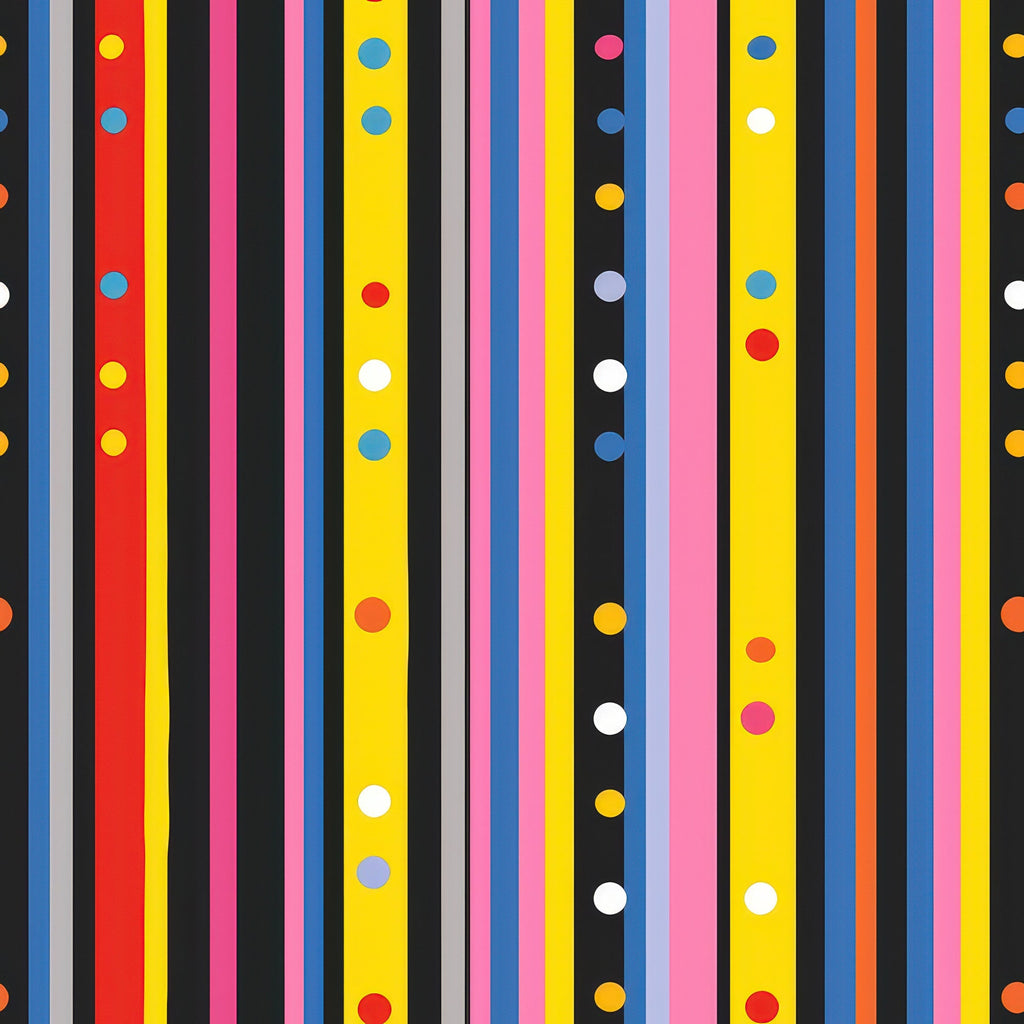 colorful stripes, polka dots, vertical stripes, red, yellow, blue, pink, black, white, orange, geometric pattern, modern design,, fabric panel, bright colors, rainbow stripes, circular dots, contemporary style, vibrant pattern, striped fabric