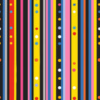 colorful stripes, polka dots, vertical stripes, red, yellow, blue, pink, black, white, orange, geometric pattern, modern design,, fabric panel, bright colors, rainbow stripes, circular dots, contemporary style, vibrant pattern, striped fabric