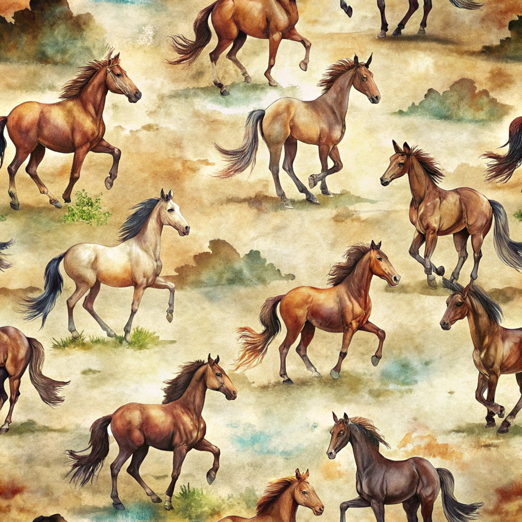 wild horses, running horses, galloping horses, brown horses, chestnut horses, tan colors, beige background, watercolor style, western theme, equestrian design, horse pattern,, fabric panel, realistic horses, pastoral scene, earth tones, rustic colors, animal print, countryside setting, flowing manes