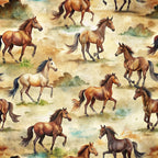 wild horses, running horses, galloping horses, brown horses, chestnut horses, tan colors, beige background, watercolor style, western theme, equestrian design, horse pattern,, fabric panel, realistic horses, pastoral scene, earth tones, rustic colors, animal print, countryside setting, flowing manes
