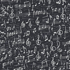 black background, white musical notes, treble clefs, staff lines, sheet music, handwritten style, music symbols, scattered pattern, high contrast, monochrome,, fabric panel, musical theme, artistic design, repeating motif, vintage feel, creative design, crafting material