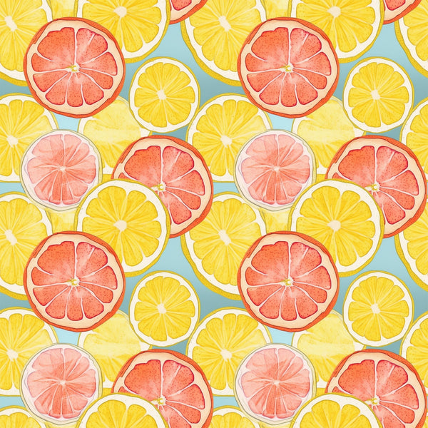 citrus slices, lemon slices, grapefruit slices, orange slices, yellow, coral pink, peachy pink, mint green, turquoise blue, watercolor style, fruit pattern, summer vibes, fresh fruit,, fabric panel, botanical design, citrus medley, bright colors, repeating pattern, tropical feel