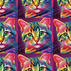 colorful cats, rainbow colors, psychedelic art, neon pink, bright green, electric blue, orange accents, yellow highlights, purple background, pop art style, vibrant felines,, fabric panel, digital art, contemporary design, eye-catching, kaleidoscope effect, multicolored fur, artistic cats, crafting material