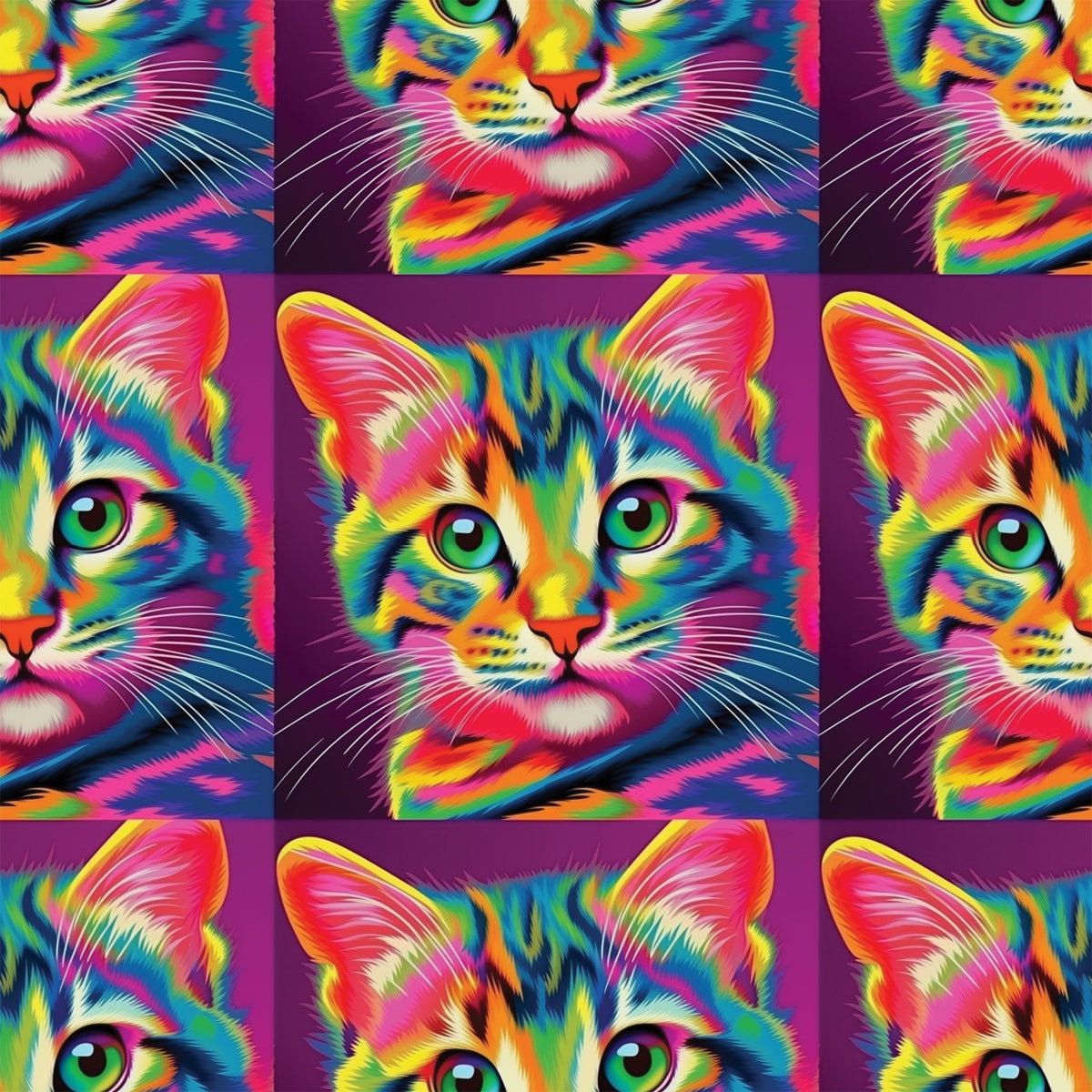 colorful cats, rainbow colors, psychedelic art, neon pink, bright green, electric blue, orange accents, yellow highlights, purple background, pop art style, vibrant felines,, fabric panel, digital art, contemporary design, eye-catching, kaleidoscope effect, multicolored fur, artistic cats, crafting material