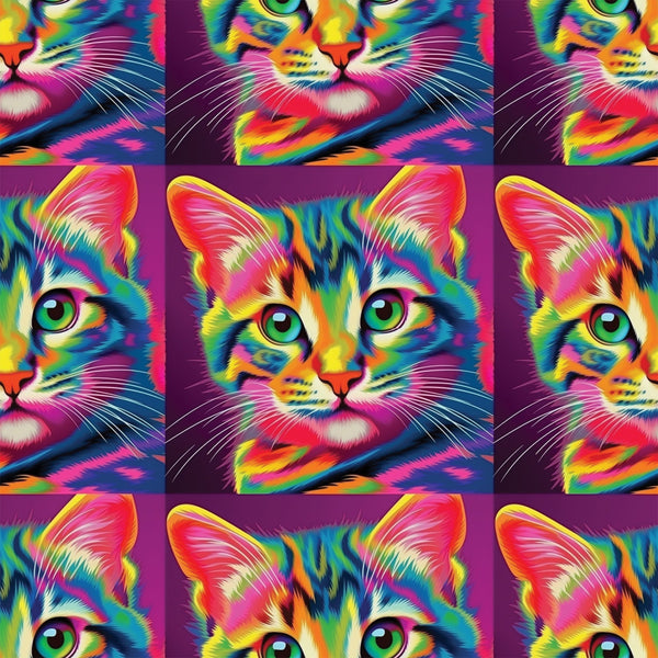 colorful cats, rainbow colors, psychedelic art, neon pink, bright green, electric blue, orange accents, yellow highlights, purple background, pop art style, vibrant felines,, fabric panel, digital art, contemporary design, eye-catching, kaleidoscope effect, multicolored fur, artistic cats, crafting material