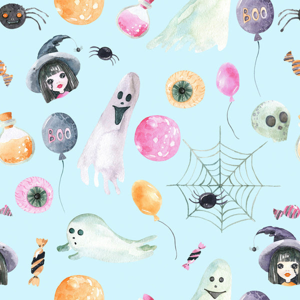 halloween, ghosts, spiders, witch, boo balloons, candy, pastel blue, soft pink, orange, purple, pale yellow, whimsical, playful, spooky, fun, festive, kids, children, toddler, nursery, playroom, costume party, trick or treat, haunted, autumn, fall, web, spider web, eyeballs, witch hat