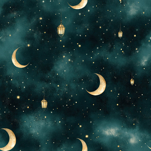 teal, deep teal, gold, cream, celestial, stars, moons, lanterns, night sky, whimsical, magical, dreamy, elegant, nighttime, moon phase, hanging lanterns, constellation, peaceful, calming, nursery, baby blanket, children's, soft, luxurious, traditional, enchanted, starry night, crescent moon