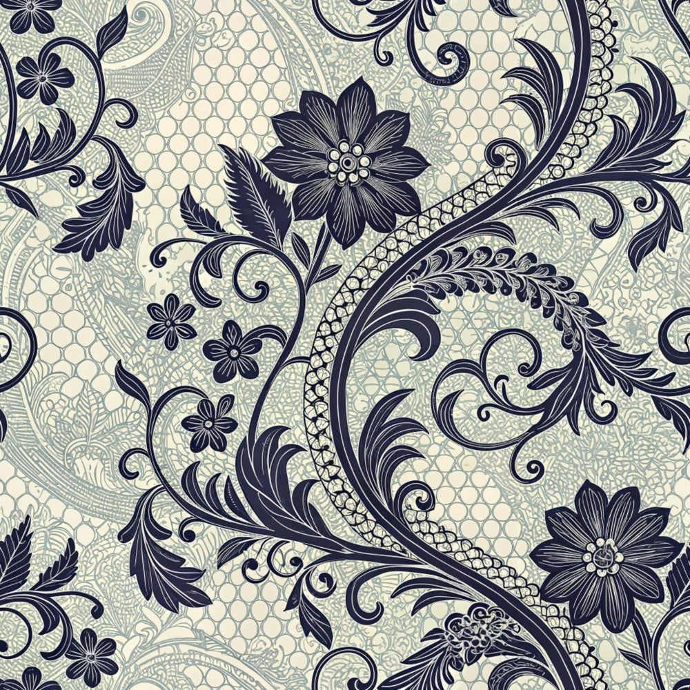 navy blue, cream, beige, ivory, floral, scrollwork, ornate, elegant, vintage, damask, botanical, flowers, leaves, lace-inspired, filigree, traditional, sophisticated, romantic, classical, garden, nature-inspired, decorative, detailed, intricate, timeless, formal, baroque, delicate, ornamental