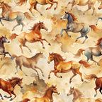 wild horses, running horses, watercolor style, brown tones, cream background, orange hues, gray accents, seamless pattern, galloping motion, flowing manes, equestrian theme, rustic colors, painterly effect, western motif,, fabric panel, earth tones, dynamic movement, horse silhouettes, artistic illustration