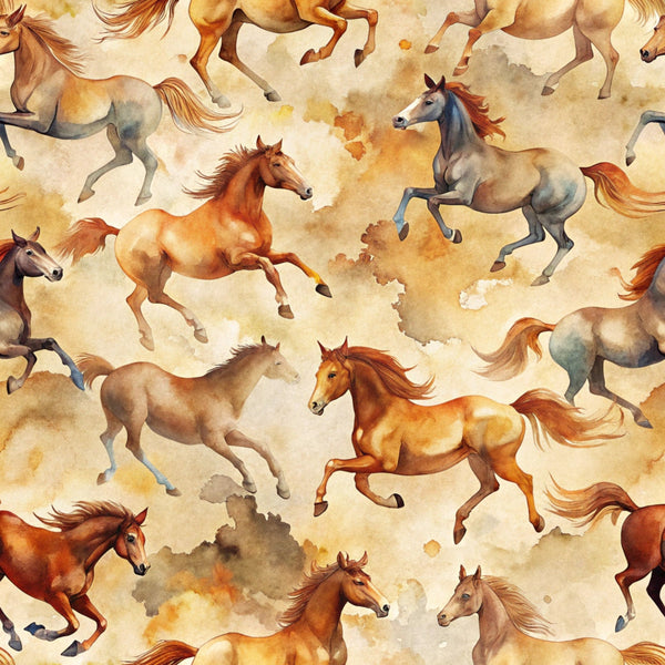 wild horses, running horses, watercolor style, brown tones, cream background, orange hues, gray accents, seamless pattern, galloping motion, flowing manes, equestrian theme, rustic colors, painterly effect, western motif,, fabric panel, earth tones, dynamic movement, horse silhouettes, artistic illustration