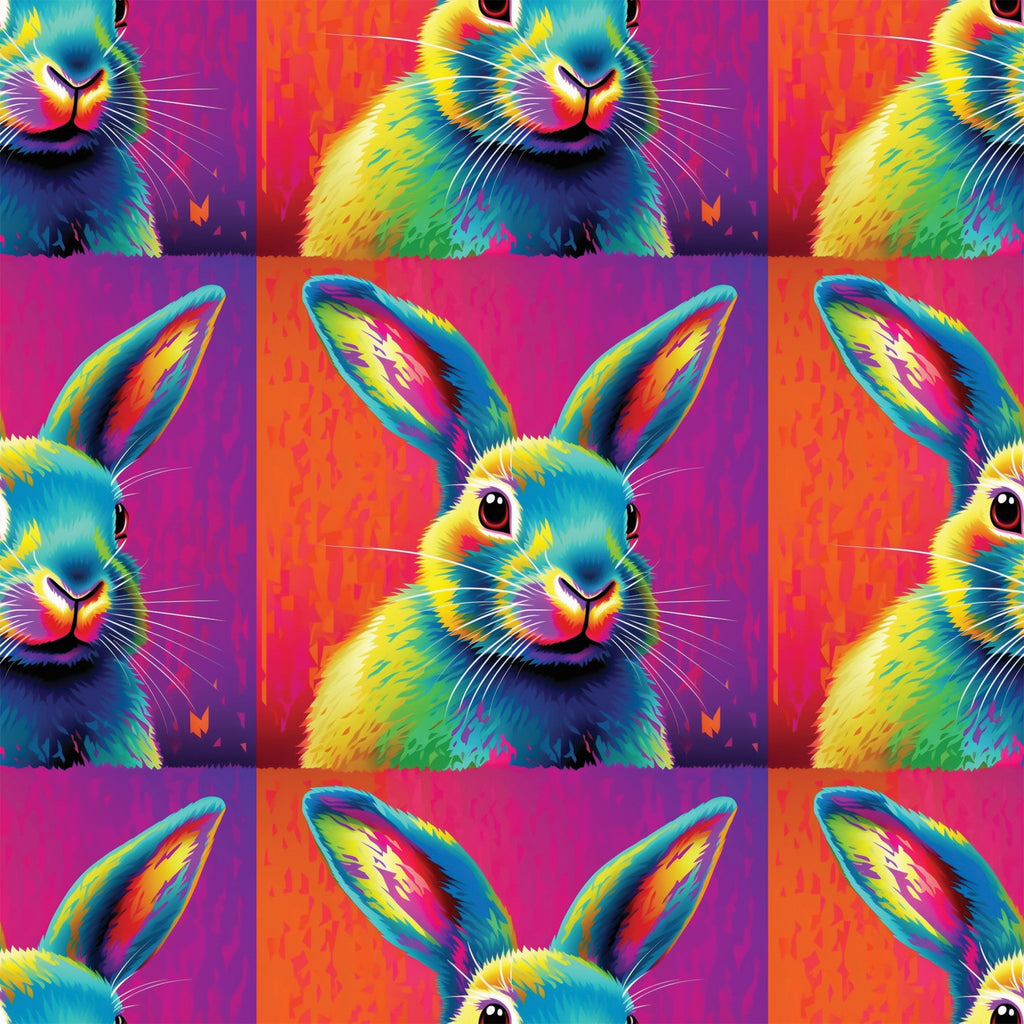 rabbit, bunny, pop art, neon colors, bright pink, electric blue, yellow, orange, purple, vibrant, psychedelic, rainbow colors, animal portrait, repeating pattern,, fabric panel, modern art style, colorful animals, geometric grid, digital art