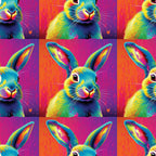 rabbit, bunny, pop art, neon colors, bright pink, electric blue, yellow, orange, purple, vibrant, psychedelic, rainbow colors, animal portrait, repeating pattern,, fabric panel, modern art style, colorful animals, geometric grid, digital art