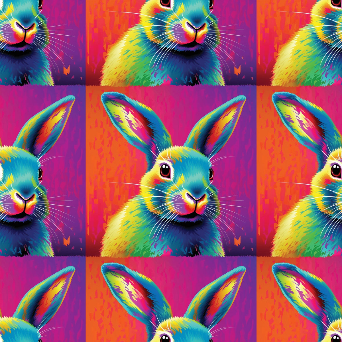 rabbit, bunny, pop art, neon colors, bright pink, electric blue, yellow, orange, purple, vibrant, psychedelic, rainbow colors, animal portrait, repeating pattern,, fabric panel, modern art style, colorful animals, geometric grid, digital art
