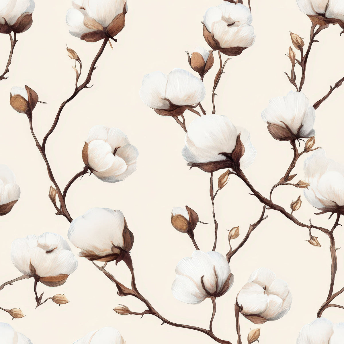 cream background, cotton bolls, botanical pattern, brown stems, white flowers, beige tones, natural motif, plant illustration, soft palette,, fabric panel, organic design, floral branches, neutral colors, farmhouse style, cotton plant, delicate artwork, repeating pattern, nature inspired, textile design