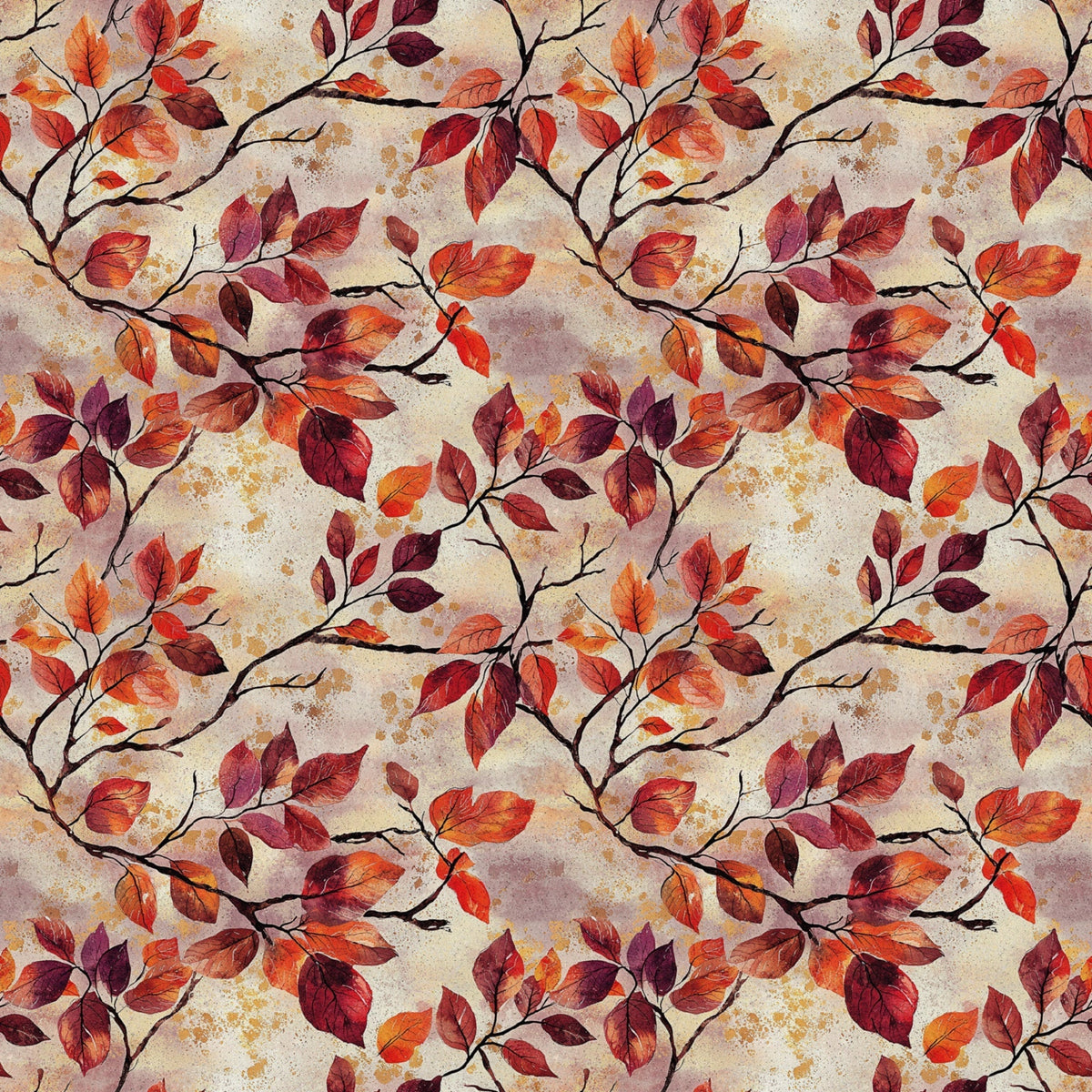 autumn leaves, fall foliage, burgundy, crimson, orange, rust, brown, beige, branching pattern, botanical design, leaf motif, seasonal fabric,, fabric panel, watercolor style, vintage texture, nature inspired, warm tones, repeating pattern, organic branches