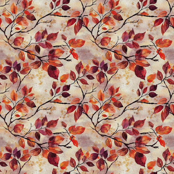 autumn leaves, fall foliage, burgundy, crimson, orange, rust, brown, beige, branching pattern, botanical design, leaf motif, seasonal fabric,, fabric panel, watercolor style, vintage texture, nature inspired, warm tones, repeating pattern, organic branches