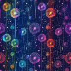 midnight blue, deep navy, bright pink, turquoise, orange, yellow, purple, dandelion seeds, whimsical flowers, botanical pattern, magical garden, fantasy florals, cotton fabric, quilting panel, starry night, floating seeds, vibrant colors, dreamy atmosphere, nature motif, seamless repeat