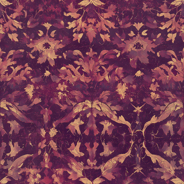 burgundy, deep wine, golden yellow, rust, mauve, damask floral, ornamental leaves, baroque, vintage botanical, autumn leaves, falling leaves, nature-inspired, elegant, sophisticated, traditional, romantic, vintage, autumn, fall, ginkgo leaves, ornate, decorative, jewel tones, warm colors, classic pattern, timeless design, heritage style