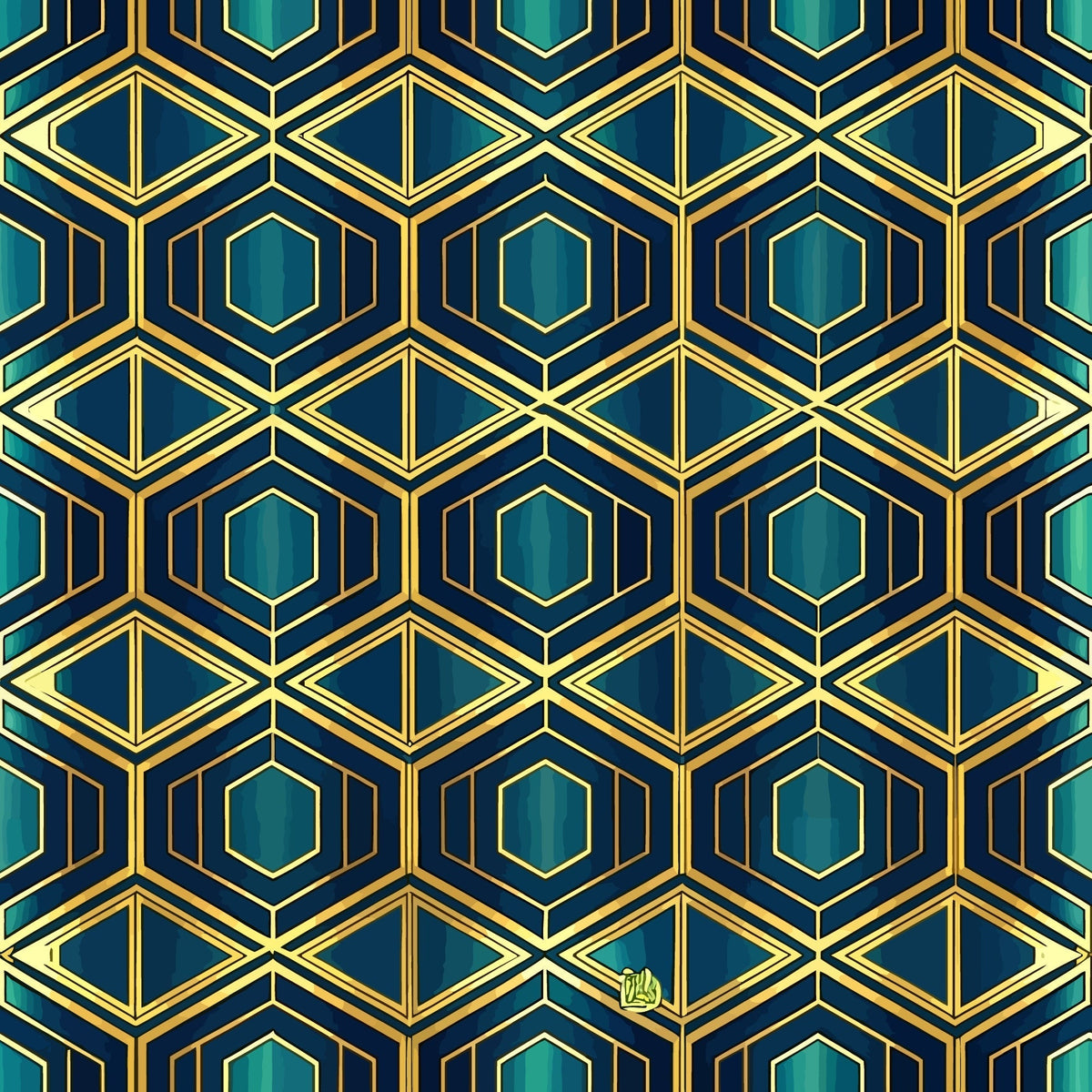 navy blue, teal, emerald green, gold accents, geometric pattern, hexagonal shapes, diamond motifs, art deco style, repeating design, luxurious, elegant, symmetrical,, fabric panel, sophisticated, vintage inspired, angular lines, metallic highlights, jewel tones