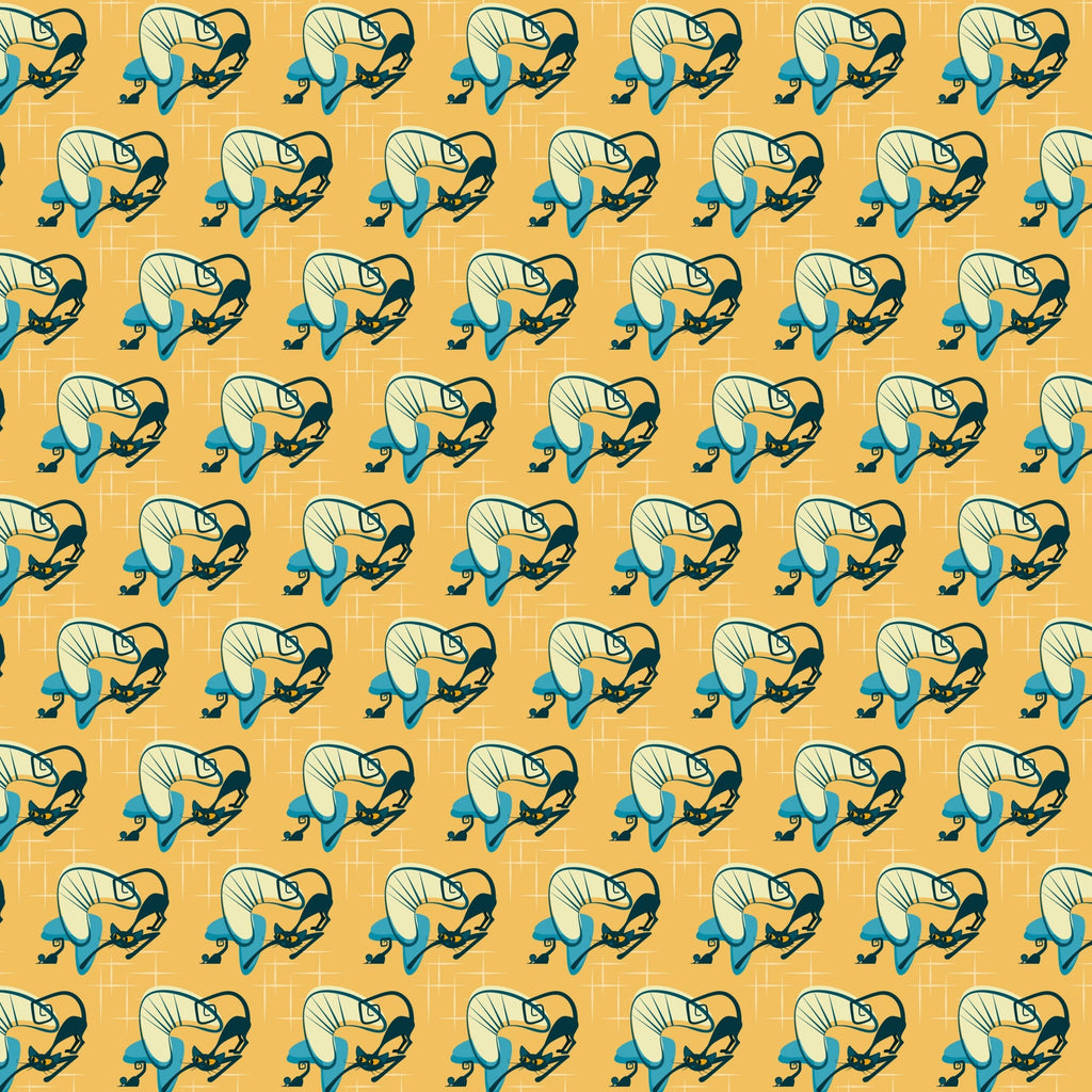 orange background, teal blue, cream white, black outlines, cats, kitty pattern, sleeping cats, curled up cats, atomic style, mid-century modern, retro design, geometric grid, repetitive pattern,, fabric panel, vintage aesthetic, stylized animals, decorative motifs, craft fabric, sewing material
