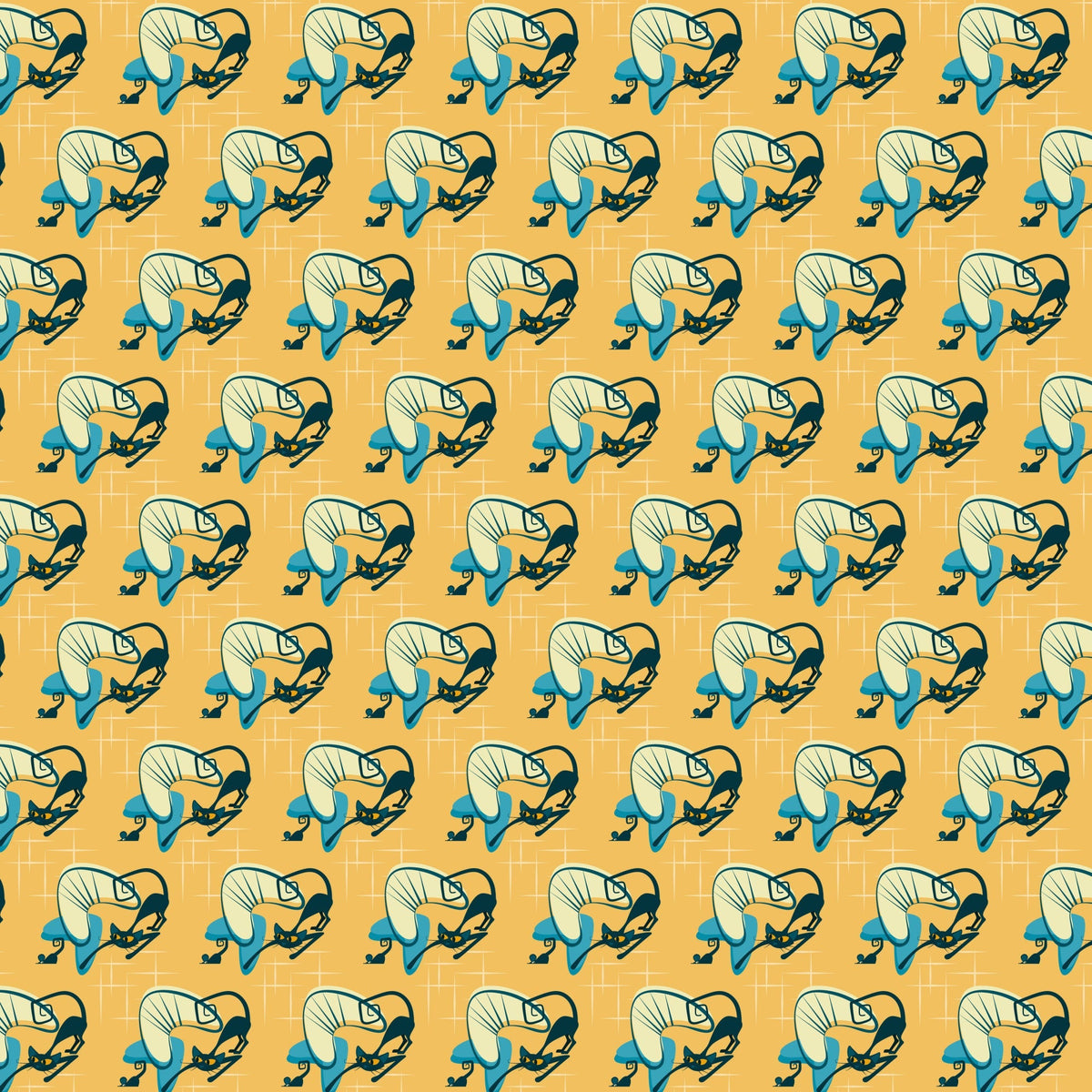 orange background, teal blue, cream white, black outlines, cats, kitty pattern, sleeping cats, curled up cats, atomic style, mid-century modern, retro design, geometric grid, repetitive pattern,, fabric panel, vintage aesthetic, stylized animals, decorative motifs, craft fabric, sewing material