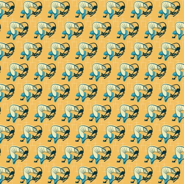 orange background, teal blue, cream white, black outlines, cats, kitty pattern, sleeping cats, curled up cats, atomic style, mid-century modern, retro design, geometric grid, repetitive pattern,, fabric panel, vintage aesthetic, stylized animals, decorative motifs, craft fabric, sewing material