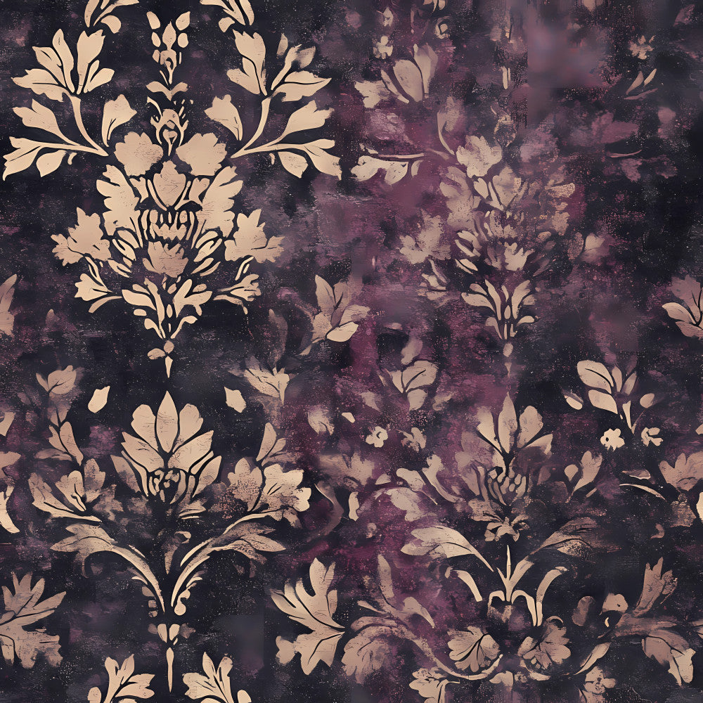 damask, floral, ornamental, baroque, vintage, elegant, sophisticated, dark purple, deep plum, black, cream, gold, damask flowers, botanical, classic, traditional, luxury, gothic, moody, distressed, weathered, timeless, ornate, decorative, symmetrical, formal, upscale, jewel tones