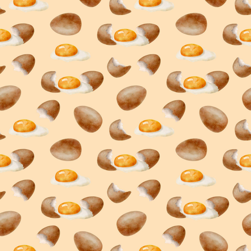 watercolor eggs, fried eggs, eggshells, breakfast food, cooking pattern, peach background, orange yolks, brown shells, white egg whites, food illustration, kitchen theme, culinary design, baking motif, repeating pattern,, fabric panel, soft pastels, morning meal, cooking ingredients, watercolor style