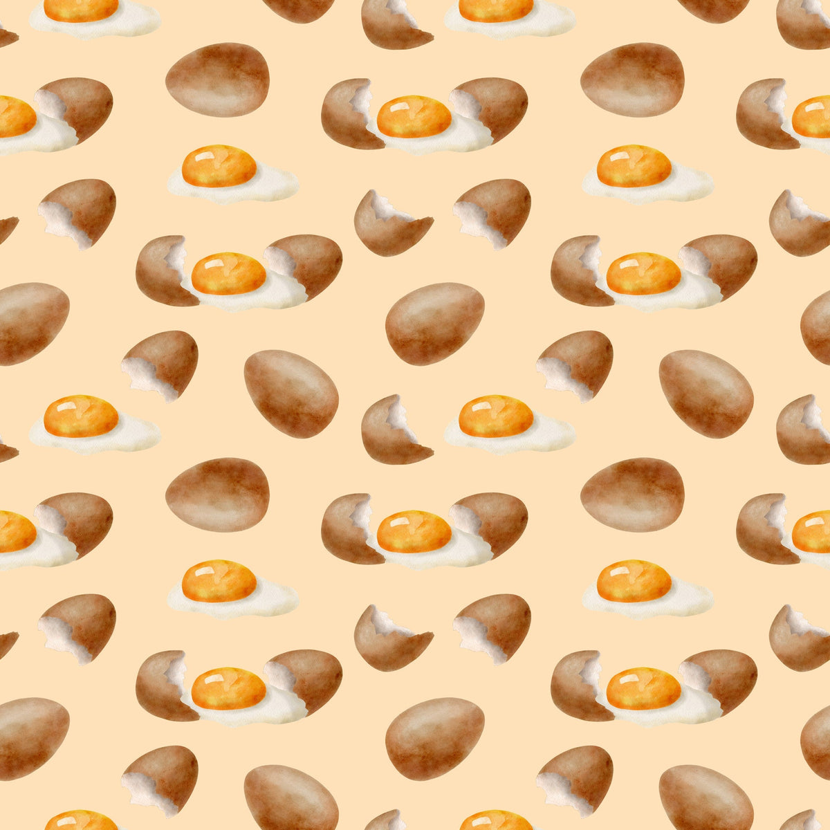 watercolor eggs, fried eggs, eggshells, breakfast food, cooking pattern, peach background, orange yolks, brown shells, white egg whites, food illustration, kitchen theme, culinary design, baking motif, repeating pattern,, fabric panel, soft pastels, morning meal, cooking ingredients, watercolor style