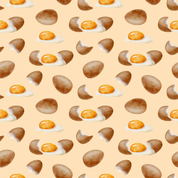 watercolor eggs, fried eggs, eggshells, breakfast food, cooking pattern, peach background, orange yolks, brown shells, white egg whites, food illustration, kitchen theme, culinary design, baking motif, repeating pattern,, fabric panel, soft pastels, morning meal, cooking ingredients, watercolor style