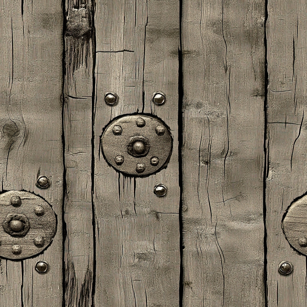 weathered wood, aged planks, rustic brown, taupe, beige, metal studs, circular medallions, distressed texture, barn wood, western theme, vintage finish, wood grain, metallic accents, rustic hardware, frontier style, antiqued surface,, fabric panel, cowboy aesthetic, old west