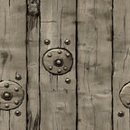weathered wood, aged planks, rustic brown, taupe, beige, metal studs, circular medallions, distressed texture, barn wood, western theme, vintage finish, wood grain, metallic accents, rustic hardware, frontier style, antiqued surface,, fabric panel, cowboy aesthetic, old west