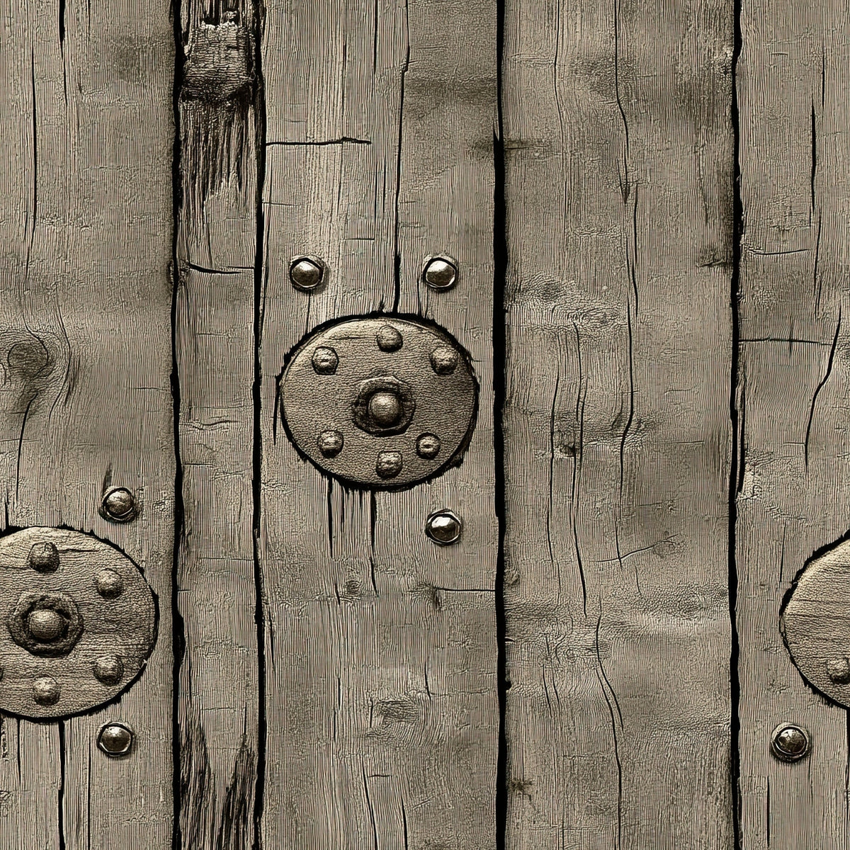 weathered wood, aged planks, rustic brown, taupe, beige, metal studs, circular medallions, distressed texture, barn wood, western theme, vintage finish, wood grain, metallic accents, rustic hardware, frontier style, antiqued surface,, fabric panel, cowboy aesthetic, old west