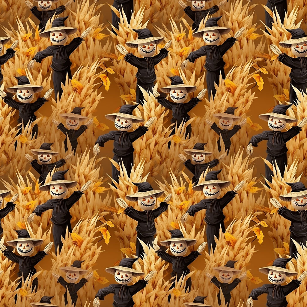 scarecrows, pumpkin heads, autumn harvest, corn stalks, golden yellow, burnt orange, black clothing, witch hats, grinning faces, spooky smiles, halloween theme, fall season,, fabric panel, repeating pattern, harvest scene, orange background, seasonal motif, creepy characters, autumn colors