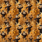 scarecrows, pumpkin heads, autumn harvest, corn stalks, golden yellow, burnt orange, black clothing, witch hats, grinning faces, spooky smiles, halloween theme, fall season,, fabric panel, repeating pattern, harvest scene, orange background, seasonal motif, creepy characters, autumn colors