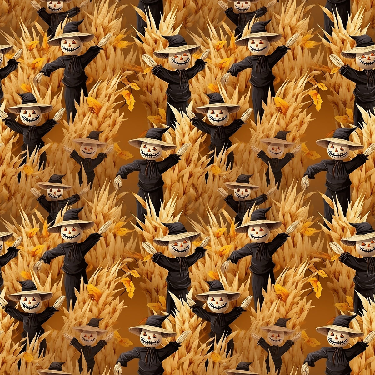 scarecrows, pumpkin heads, autumn harvest, corn stalks, golden yellow, burnt orange, black clothing, witch hats, grinning faces, spooky smiles, halloween theme, fall season,, fabric panel, repeating pattern, harvest scene, orange background, seasonal motif, creepy characters, autumn colors