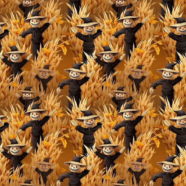 scarecrows, pumpkin heads, autumn harvest, corn stalks, golden yellow, burnt orange, black clothing, witch hats, grinning faces, spooky smiles, halloween theme, fall season,, fabric panel, repeating pattern, harvest scene, orange background, seasonal motif, creepy characters, autumn colors
