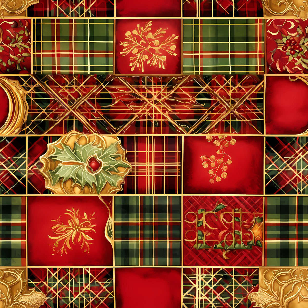 red, green, gold, christmas, tartan plaid, holly leaves, mistletoe, berries, ornate flourishes, patchwork squares, geometric patterns, crosshatch design, botanical motifs, festive, holiday fabric,, fabric panel, rich colors, decorative elements, seasonal pattern