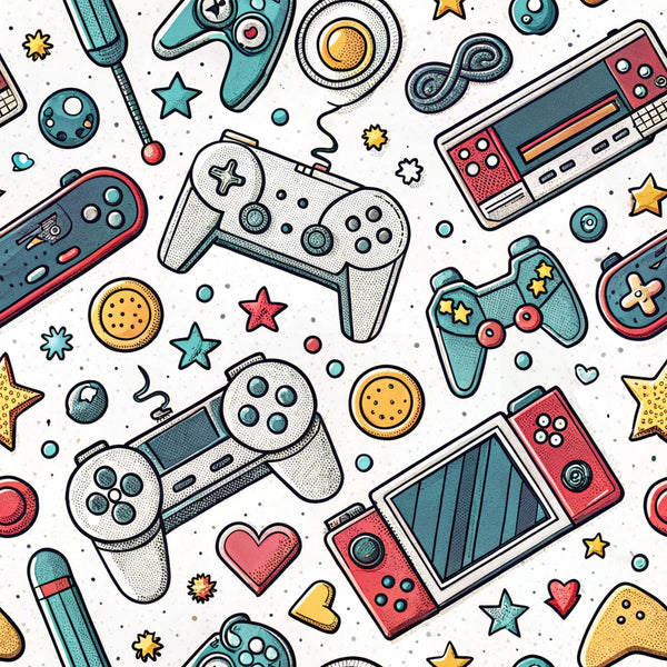 gaming controllers, video game consoles, retro gaming, modern pattern, teal, coral pink, yellow accents, white background, scattered design, gaming theme, electronic devices, playful illustration, cartoon style, geometric shapes, stars, hearts, circles,, fabric panel, nostalgic gaming, tech pattern