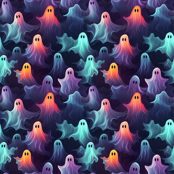 ghosts, halloween pattern,, fabric panel, purple, orange, teal, pink, blue, gradient colors, spooky characters, floating ghosts, seamless repeat, whimsical style, supernatural theme, october holiday, colorful spirits, ethereal beings, haunting design, festive halloween