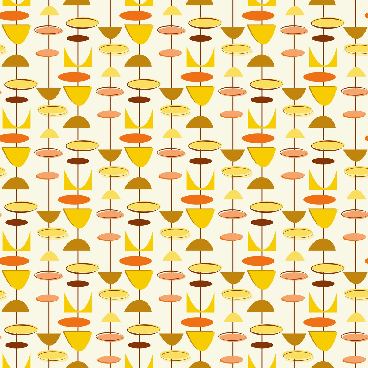 orange, yellow, brown, beige, cream, geometric shapes, circles, ovals, triangles, mid-century modern, atomic age, retro, vintage style, abstract pattern, repeating motif, warm colors, modernist design,, fabric panel, 1950s inspired, contemporary geometric