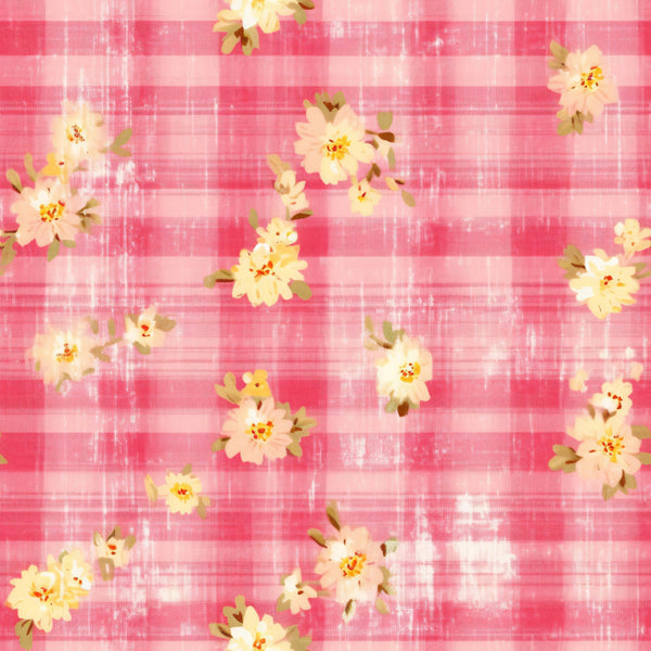 pink plaid, coral stripes, cream flowers, yellow blooms, floral pattern, gingham background, country style,, fabric panel, spring flowers, feminine colors, cottage core, rustic charm, botanical motifs, pastel palette, textured weave, vintage inspired, garden flowers, shabby chic, crafting material