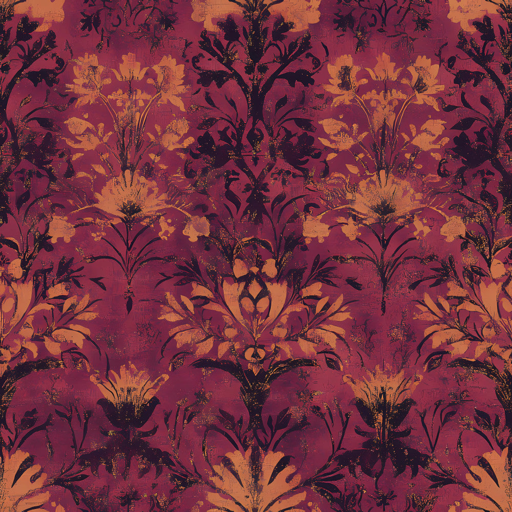 burgundy, wine red, deep red, rust orange, golden orange, amber, floral, botanical, ornamental flowers, elegant, vintage, traditional, damask, nature, sunflowers, flowering plants, branches, leaf motifs, sophisticated, luxurious, autumn, fall, rich jewel tones, romantic, classic, decorative, ornate, transitional style