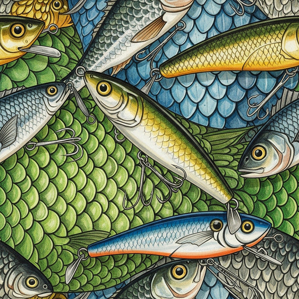 fishing lures, fish, fishing, nautical, water, aquatic, ocean, lake, green scales, blue scales, yellow gold, cream white, orange accents, realistic, detailed illustration, vintage fishing, nature, wildlife, outdoor, sporty, whimsical, playroom, kids room, boys room, fishing enthusiast, adventure theme, summer, spring
