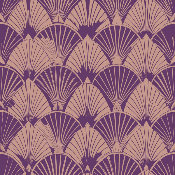 purple, beige, tan, art deco, fan pattern, geometric design, repeating motifs, radiating lines, scalloped shapes, vintage style, 1920s inspired, elegant pattern,, fabric panel, stylized fans, symmetrical design, decorative motifs, layered pattern, sophisticated palette