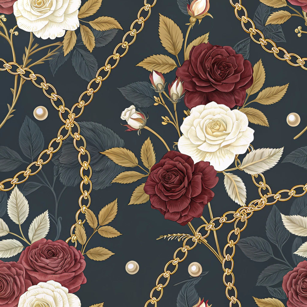 burgundy rose, cream rose, white rose, dark navy background, gold chain, pearl accents, floral pattern, luxury floral, vintage rose, elegant design, romantic style, classic rose, botanical motif, golden leaves, formal style, sophisticated pattern, traditional floral, rose bouquet, chain pattern, jewel tone, damask inspired, victorian style, ornate design, upscale aesthetic, wedding theme, anniversary gift, home decor, sewing project